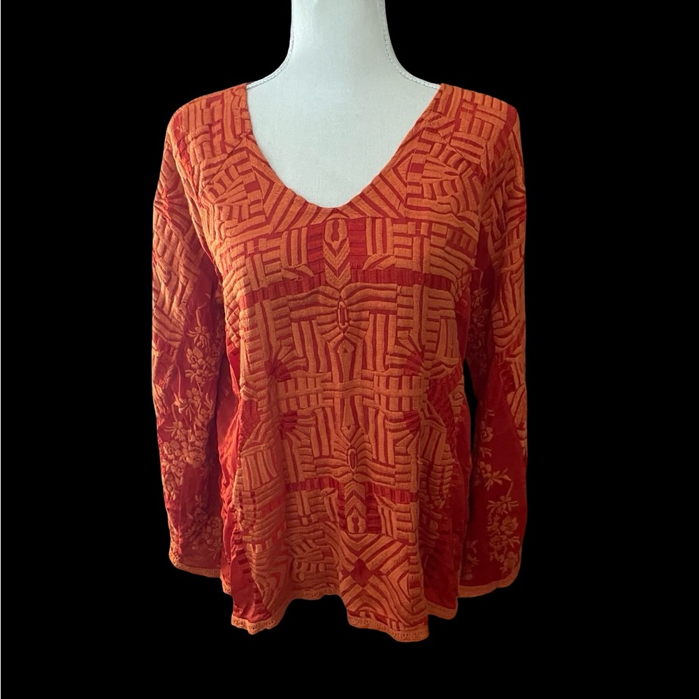 Johnny Was Orange Embroidery peasant blouse sz XS Vneck long sleeve eyelet lace - Picture 5 of 16